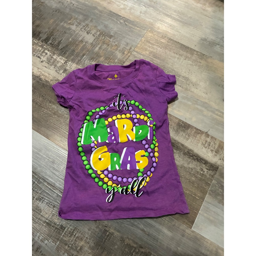 Mardi Gras Kids Purple Graphic T-Shirt Its Mardi Gras Yall Beads Size XS 4/5